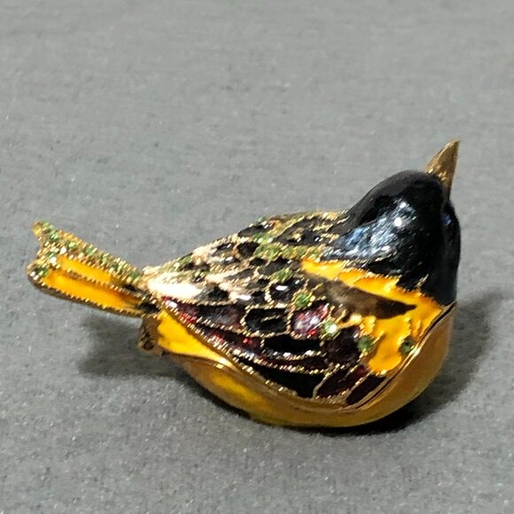Bird Enameled Trinket box Black Head Yellow Wings Bejeweled - Picture 3 of 10
